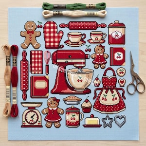 May include: A light blue cross-stitch fabric featuring a red stand mixer, gingerbread figures, kitchen utensils, cherry-patterned containers, an apron, and baking tools. The design includes red and white checkered patterns, with embroidery floss and scissors.
