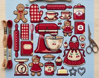 Christmas Kitchen Cross Stitch Pattern, retro baking sampler, gingerbread stand mixer cherry apron rolling pin oven mitt teacup scale pie