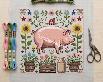 Primitieve volkskunst varken kruissteekpatroon, landelijke boerderij schuur zonnebloem sampler, dieren getelde stekentabel ambachtelijk ontwerp pdf