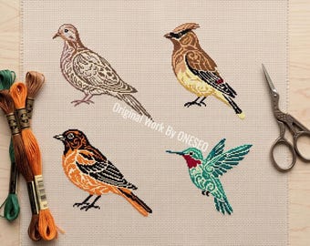 Folk Art Bird Cross Stitch Pattern, mandala nature sampler, dove waxwing oriole hummingbird, ornamental zentangle animal, Counted Chart PDF