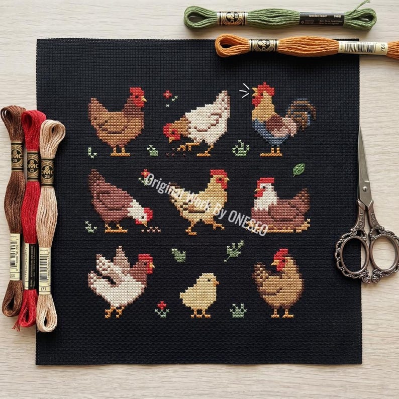 May include: Cross-stitch embroidery on black fabric featuring various chickens and a chick in shades of brown, white, and yellow. The text "Original Work By ONESEO" is visible. Embroidery floss and scissors are also in the image.