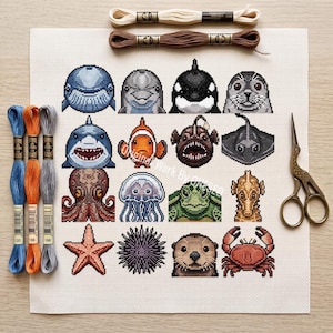 Ocean Animal Collection Cross Stitch Pattern, 16 Marine Life Faces Sampler, Whale, Dolphin, Orca, Sea Turtle, Counted Cross Stitch Chart PDF