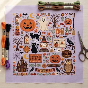 Vintage Halloween Trick Or Treat Cross Stitch Pattern, Spooky Haunted House Ghost Black Cat Folk Art Sampler, Counted Stitch Chart PDF image 9