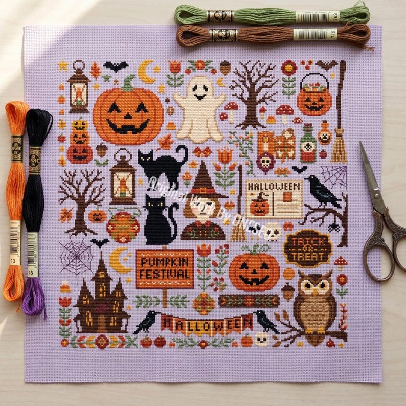Vintage Halloween Trick Or Treat Cross Stitch Pattern, Spooky Haunted House Ghost Black Cat Folk Art Sampler, Counted Stitch Chart PDF image 9