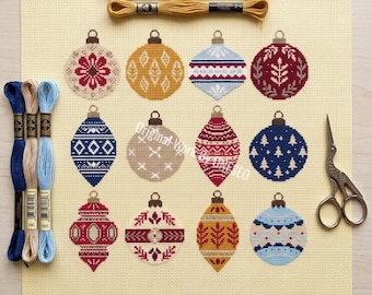 Christmas Ornament Cross Stitch Pattern, vintage bauble sampler, Nordic folk art holiday ball bulb, winter tree snowflake floral, PDF
