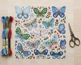 Wintervorst vlinder kruissteekpatroon, sneeuwvlok dennenbes botanische volkskunst sampler, getelde steekkaart ontwerp pdf