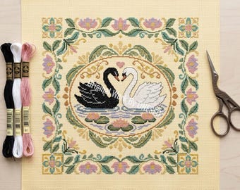 Black White Swan Love Cross Stitch Pattern, Botanical Water Lily Pond Floral Border Folk Art, Romantic Counted Stitch Chart Design PDF