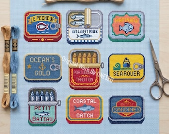 Vintage Sardine Tin Sampler Cross Stitch Pattern, Retro Canned Fish Label Art, Mediterranean Coastal Kitchen Decor Counted Stitch Chart PDF