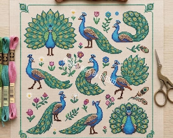 Elegante vogel pauw kruissteekpatroon, 8 mini bloemmotieven sampler, prachtig botanisch huisdecor getelde steekkaart kunst pdf
