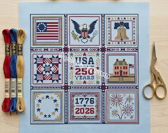 America 250 years anniversary Cross Stitch Pattern, USA Semiquincentennial, 1776-2026 Patriotic Quilt Sampler, Liberty Bell Eagle Chart PDF