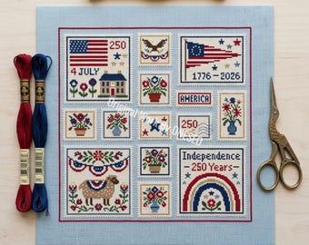 Amerika 250 jaar jubileum Onafhankelijkheidsdag postzegel kruissteekpatroon, 1776-2026 Semiquincentennial, patriottische kaart van 4 juli