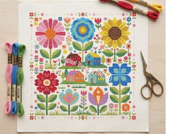 Magic Blossom Village kruissteekpatroon, Scandinavische volkskunsthuizen, grillige kleurrijke cottage-tuin sampler ambachtelijk ontwerp pdf