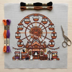 Spooky Magic Carnival Ferris Wheel Ride Cross Stitch Pattern, Creepy Cute Ghost Pumpkin Cart Folk Art Sampler, Counted Stitch Chart PDF