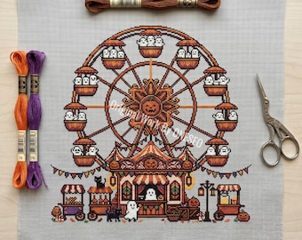 Spooky Magic Carnival Ferris Wheel Ride Cross Stitch Pattern, Creepy Cute Ghost Pumpkin Cart Folk Art Sampler, Counted Stitch Chart PDF