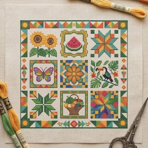 May include: A colorful cross-stitch sampler featuring nine squares with various designs. The squares include sunflowers, a watermelon slice, a butterfly, a flower, a toucan, and a basket of fruit. The border is a geometric pattern with triangles.