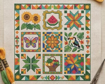 Summer Quilt Block Cross Stitch Pattern - Bright Patchwork Sampler PDF - 9 Grid Tropical Fruit Watermelon Toucan Sunflower Chart PDF