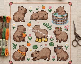 Kawaii capibara sampler kruissteekpatroon, 9 mini grappige dieren verkleed motieven bloemen, leuke inrichting kinderkamer geteld steekkaart pdf