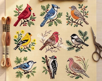 Nature Bird Cross Stitch Pattern, botanical woodland sampler, cardinal blue jay robin goldfinch chickadee woodpecker finch,Counted Chart PDF