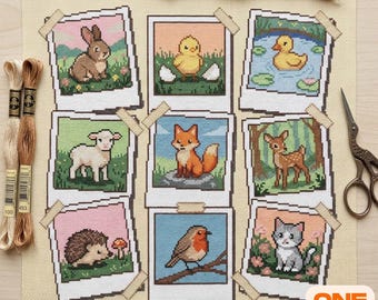 Spring Animal Cross Stitch Pattern | Cute Polaroid Photo Sampler | Easter Bunny Chick Woodland Chart PDF