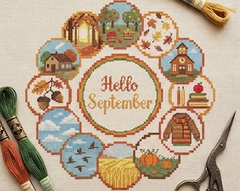 Hello September Cross Stitch Pattern | Early Fall Autumn Harvest Sampler | Apple Picking Sweater Acorn | Rustic Cottage Landscape Chart PDF