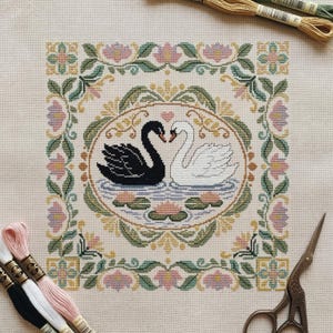 Romantic Swan Love Cross Stitch Pattern | Folk Art Nature Sampler | Black and White Swans | Valentine Floral Chart PDF