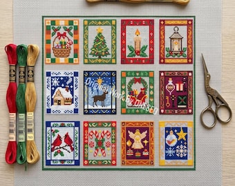 Vintage-Weihnachts-Kreuzstichmuster, 12 Mini-Stickereien, festliche Patchworkdecke, Engel, verschneite Hütte, Rentier, Volkskunst, Zählmuster-PDF