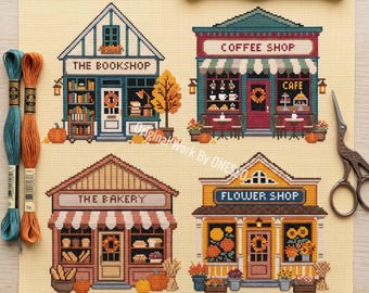 Autumn Village Shops Sampler Cross Stitch Pattern, Fall Store Bookshop Coffee Bakery Flower Shop, Harvest,Counted Cross Stitch Chart PDF