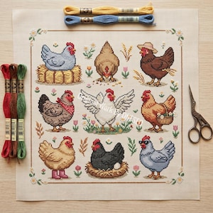 May include: A cross-stitch sampler featuring nine different chickens in various poses and colours, surrounded by floral and wheat motifs. Embroidery threads and scissors are also visible. The sampler is on a beige background.