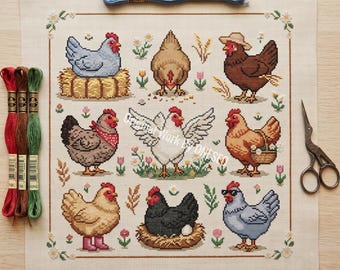 Grappig geklede kip sampler kruissteekpatroon, 9 mini kawaii kippenmotieven bloemen, schattige boerderij keuken getelde steekkaart pdf