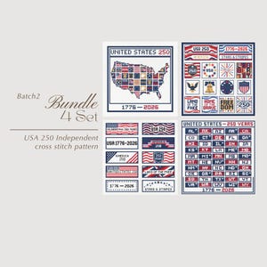 May include: A bundle of four cross-stitch patterns celebrating 250 years of the United States. Designs include a map of the USA with flags, patriotic banners, and state abbreviations. The text "USA 250" and "1776-2026" are featured.