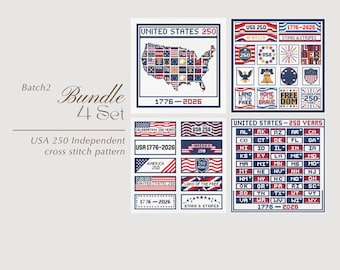 4 in 1 America 250 Cross Stitch Bundle - USA Map Quilt 50 States Bookmarks - Patriotic Semiquincentennial Set chart PDF