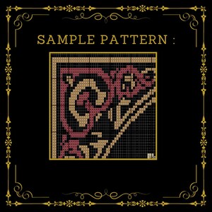 Puede incluir: Una muestra de patr&oacute;n de punto de cruz con fondo negro y borde decorativo dorado. La muestra del patr&oacute;n es un cuadrado con un dise&ntilde;o geom&eacute;trico en tonos burdeos, beige y negro. El texto "SAMPLE PATTERN :" est&aacute; en la parte superior.
