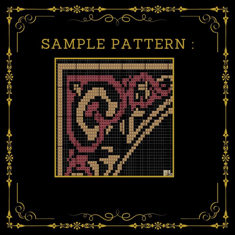 Puede incluir: Una muestra de patr&oacute;n de punto de cruz con fondo negro y borde decorativo dorado. La muestra del patr&oacute;n es un cuadrado con un dise&ntilde;o geom&eacute;trico en tonos burdeos, beige y negro. El texto "SAMPLE PATTERN :" est&aacute; en la parte superior.