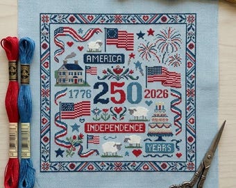 America 250 Years Independence Day Cross Stitch Pattern Sampler | USA 250th Chart | 1776-2026 Semiquincentennial | 4 July Patriotic Day