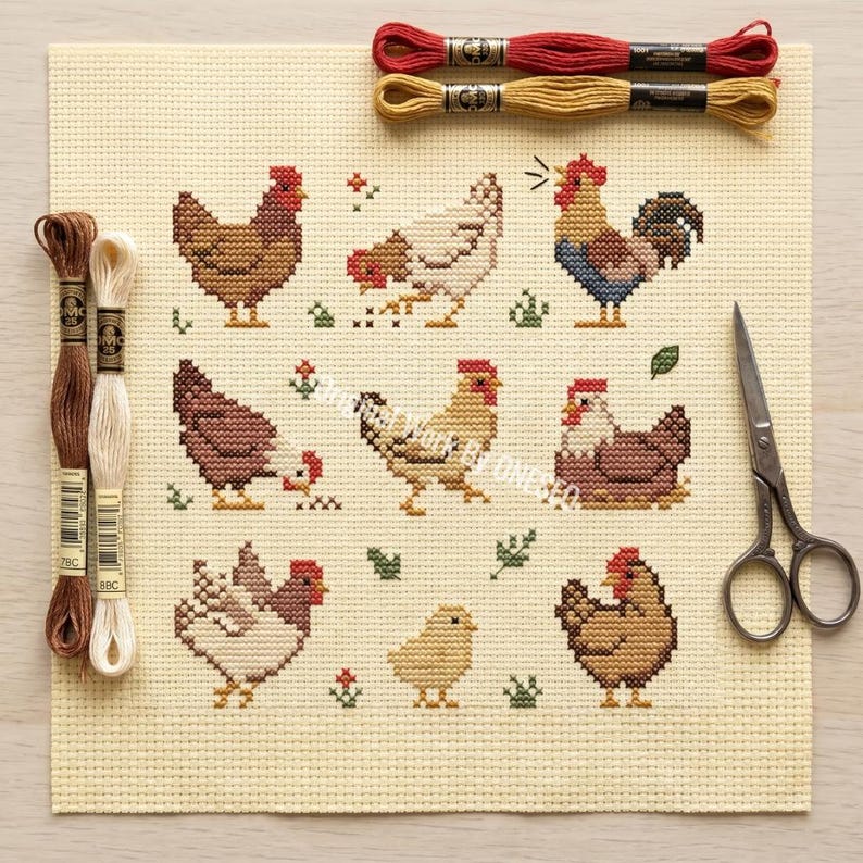 May include: A completed cross-stitch project featuring a collection of chickens and a rooster in various poses. The design is stitched on a cream-colored fabric, with embroidery floss in shades of brown, red, and yellow. Scissors and embroidery floss are also visible.