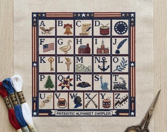 America Patriotic Alphabet Sampler Cross Stitch Pattern | Semiquincentennial | 1776 HistoryABC Chart | USA 250 Independence Chart PDF