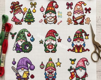 Skandinavische Wichtel-Kreuzstichmuster, festliche Weihnachtswichtel-Kollektion, Kakaobäckerbaum, Winterdeko (PDF-Datei)