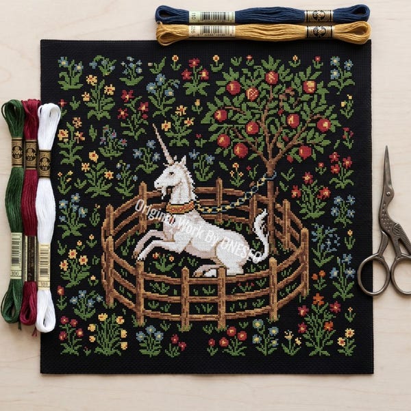 Medieval Cross Stitch Pattern, The Unicorn in Captivity, Hunt of the Unicorn Tapestry, Historic Art Chart, Gothic Embroidery PDF