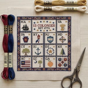 America 250 Cross Stitch Pattern | USA The Thirteen Colonies | 1776-2006Independence Day History - Patriotic State Icons Grid Chart PDF