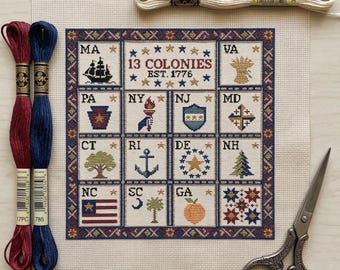 America 250 Cross Stitch Pattern | USA The Thirteen Colonies | 1776-2006Independence Day History - Patriotic State Icons Grid Chart PDF