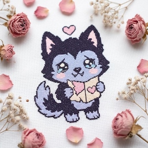Padrão de Ponto Cruz Anti-Dia dos Namorados com Lobo Desiludido em PDF | Kawaii Gótico Assustador