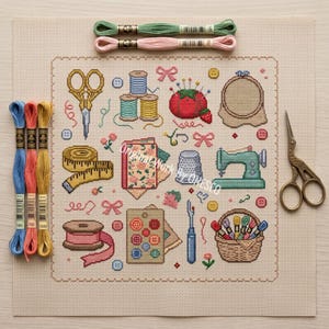 May include: A cross-stitch pattern on beige fabric featuring sewing motifs including scissors, thread spools, a pincushion, a measuring tape, a sewing machine, a thimble, buttons, and a basket. Five embroidery floss skeins are placed around the fabric.