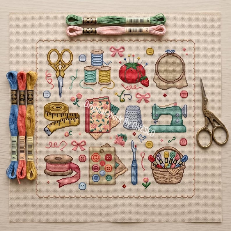 May include: A cross-stitch pattern on beige fabric featuring sewing motifs including scissors, thread spools, a pincushion, a measuring tape, a sewing machine, a thimble, buttons, and a basket. Five embroidery floss skeins are placed around the fabric.