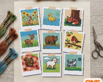 Summer Animal Cross Stitch Pattern | Sunny Polaroid Photo Sampler | Sunflower Picnic Woodland Chart PDF