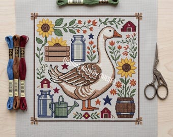 Boerderij volkskunst gans kruissteekpatroon, boerenschuur zonnebloem Sampler, rustieke dieren getelde steekkaart Craft Design PDF