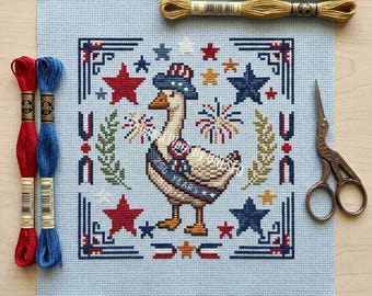Patriottische VS 250 gans kruissteekpatroon, verjaardag 1776-2026, primitieve volkskunst Americana sampler, getelde grafiek-pdf