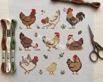 Chicken Sampler Cross Stitch Pattern - Rooster Hen Sampler - Farmhouse Kitchen Decor - Baby Chick Barnyard Animal Chart PDF