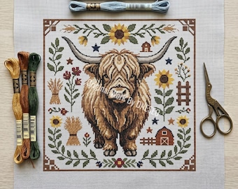 Boerderij volkskunst Highland Cow kruissteekpatroon, boerenschuur zonnebloem Sampler, rustieke getelde steekkaart Craft Design PDF