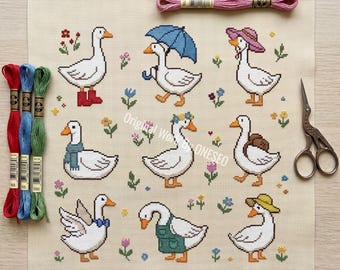 Goose Cross Stitch Pattern | 9 Mini Dressed Gesse Motifs | Duck with Rain Boots | Flower Crown Bonnet Scarf PDF | Baby Room Decor Sampler