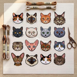 May include: A cross-stitch pattern on white Aida fabric featuring sixteen distinct cat faces in a grid. The design includes various breeds and coat colors. Four skeins of embroidery floss in brown and beige tones and vintage-style scissors are placed around the fabric.